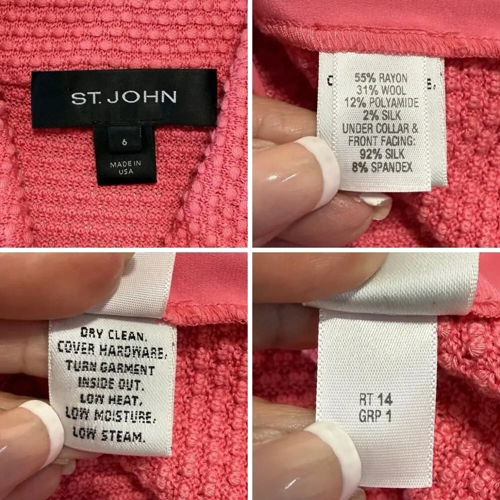 St John TEXTURED KNIT Blazer Size 6 BUBBLE GUM PINK Wool Silk Blend Round Collar
